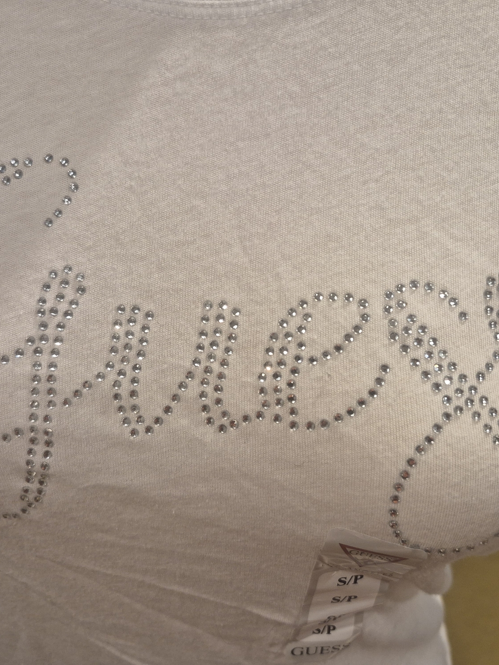 Guess White Rhinestone Script Logo Short Sleeve Tee S Nwt - Picture 2 of 5